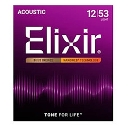 Elixir 80/20 Bronze Nanoweb Coated Acoustic Guitar Strings, Light (12 - 53)