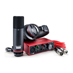 Scarlett Solo 3rd Gen 2-in, 2-out USB audio interface with a condenser microphone and headphones