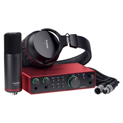 Focusrite Scarlett 2i2 Studio 4th Gen 2-in, 2-out USB audio interface with a condenser microphone and headphones